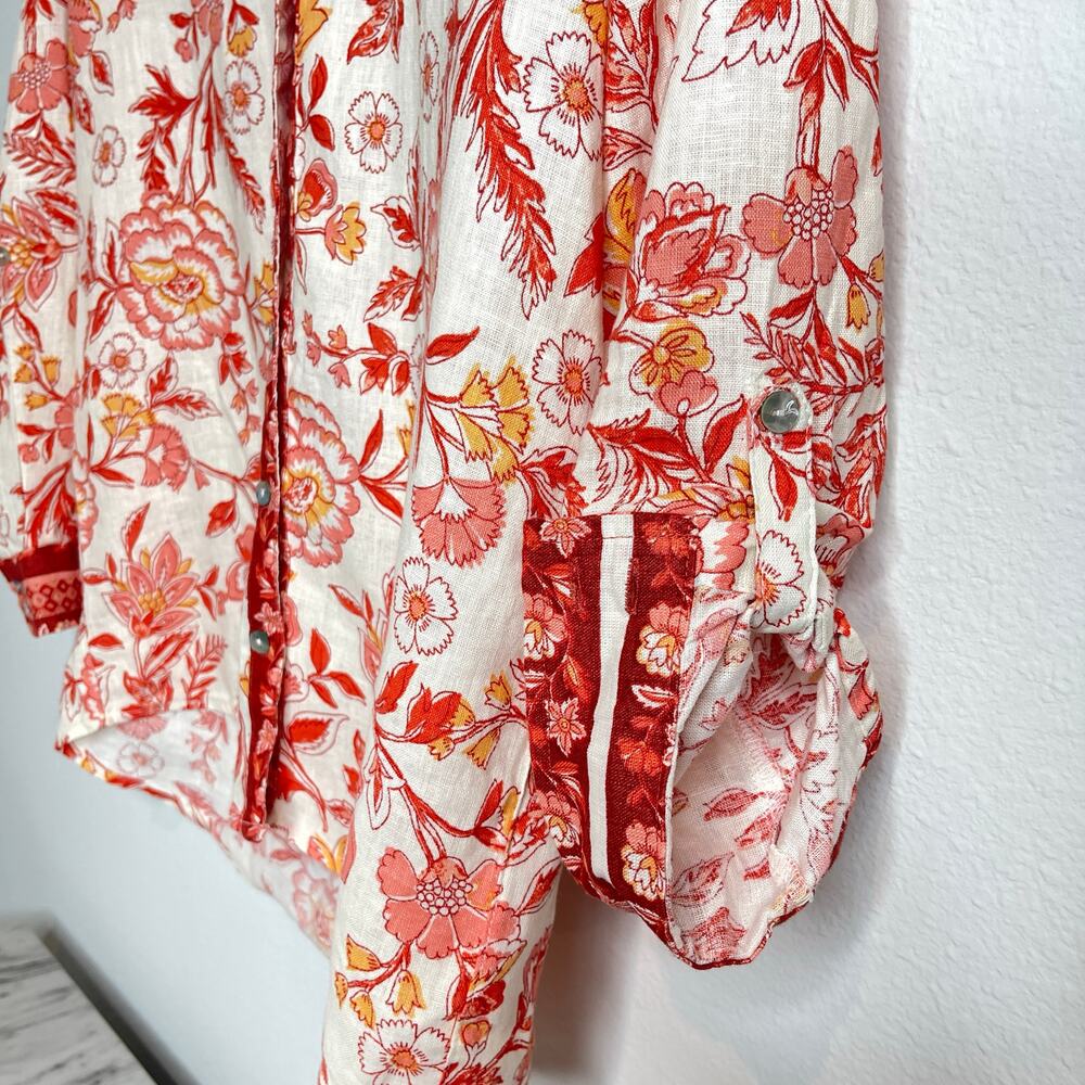 Rachel Zoe 100% Linen Floral Button Front Boho Shirt Top Small Red Salmon Coral - Picture 5 of 11